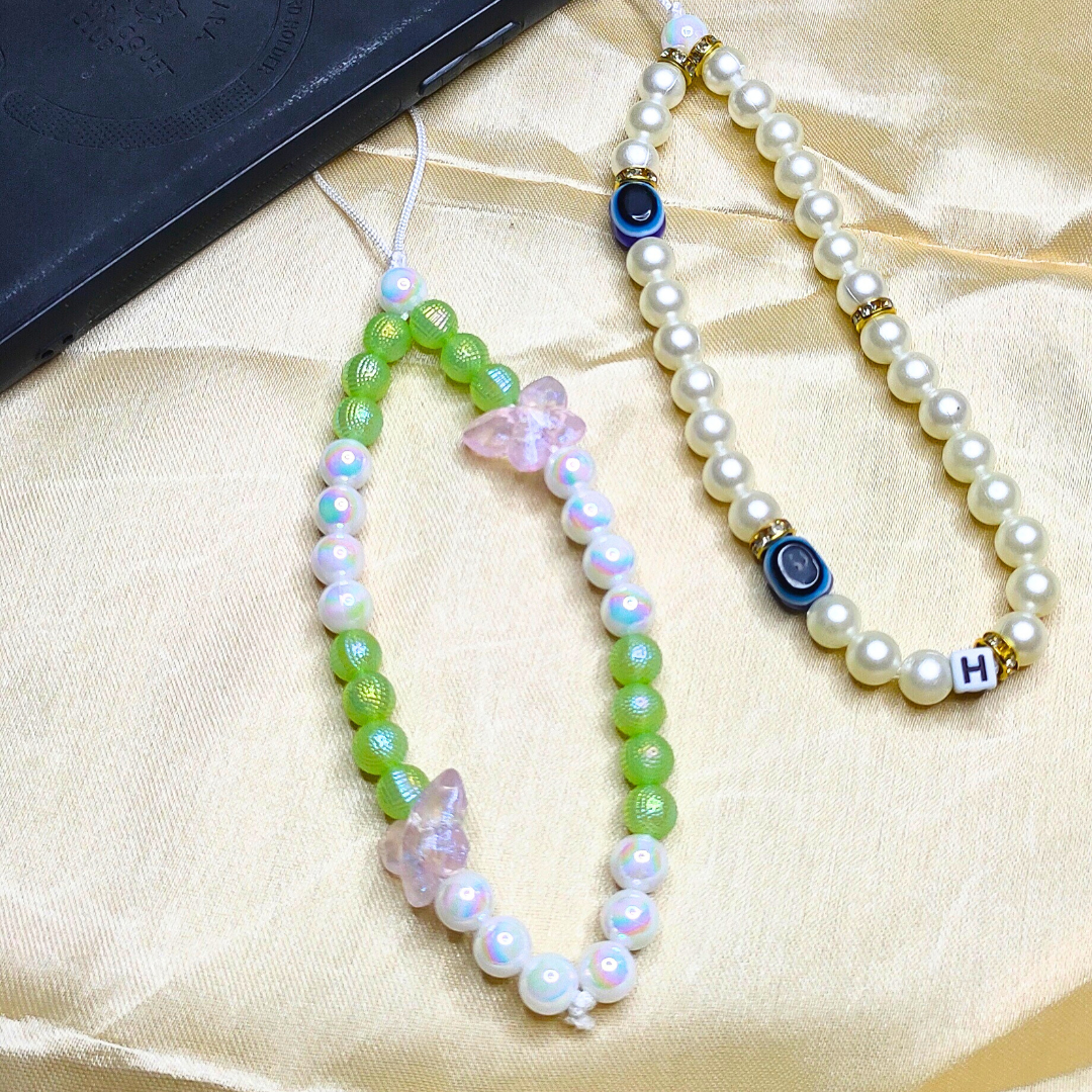 Combo Pack - Off-White and Golden Beaded Phone Charm with Evil Eye Charm & Green and White Beaded Phone Charm with Butterfly Charm, Stylish Accessory, Lightweight, Durable