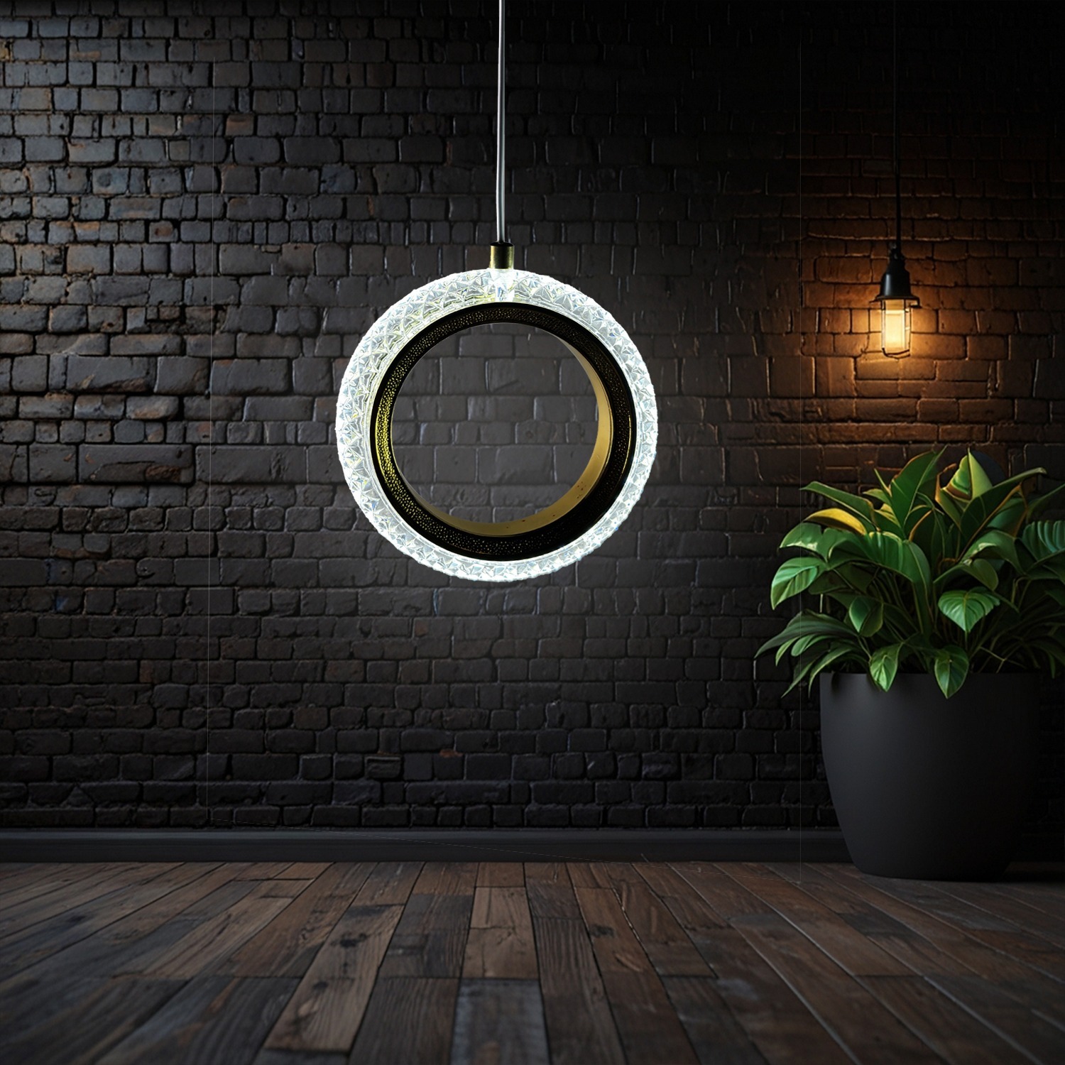 DELAMPS  Ring Hanging Pendent Light for Bedroom, Living Room, Interior Design, Balcony(AC, Metal & Crystal)