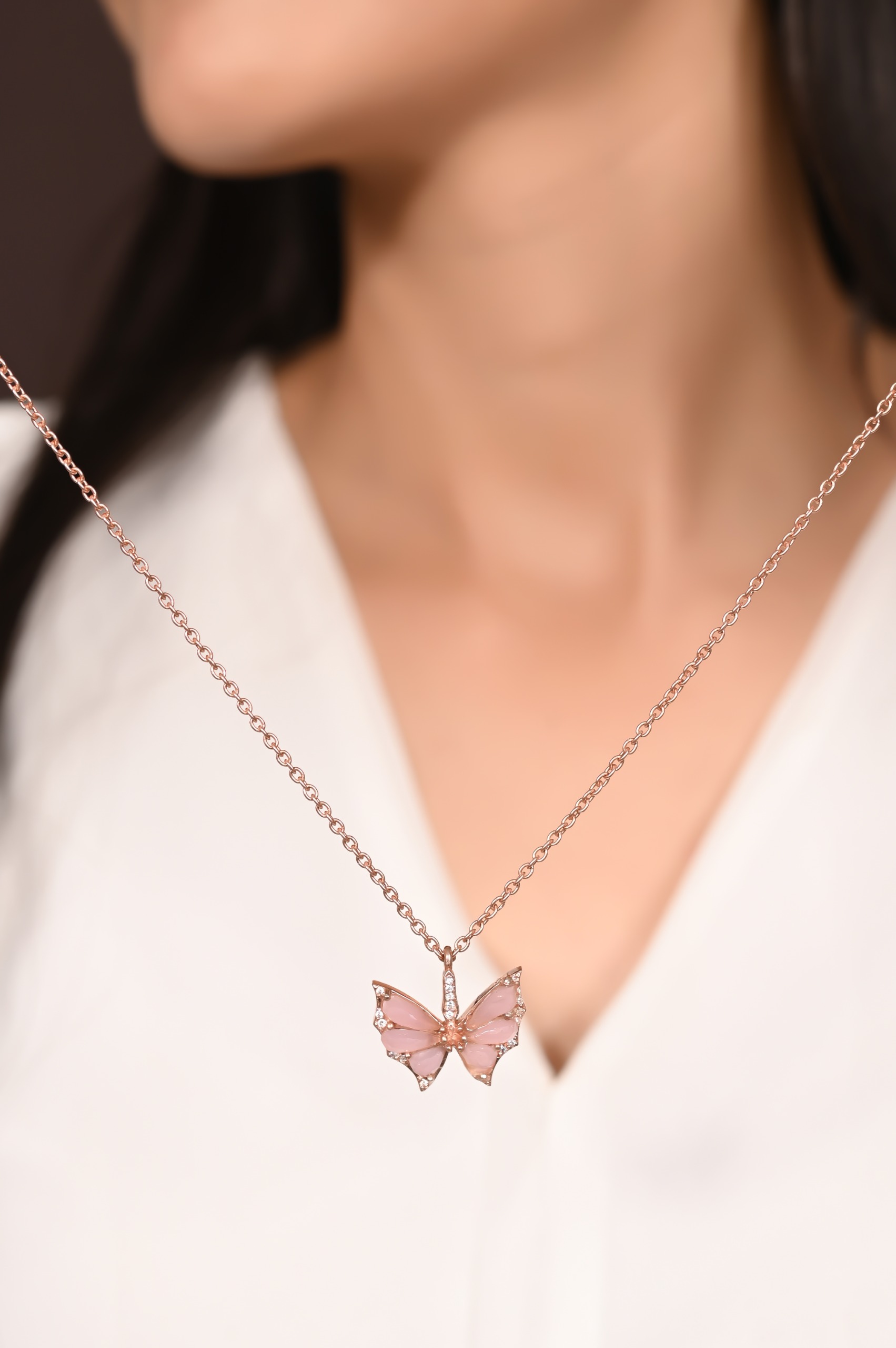 Mira Crystal Haze Butterfly Pendent  - Rose Gold, Pendent Length: 20 Inch, Pendent