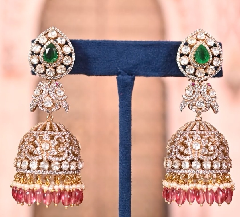 Mira Long Sterling Silver Mozonite Polki Jhumki