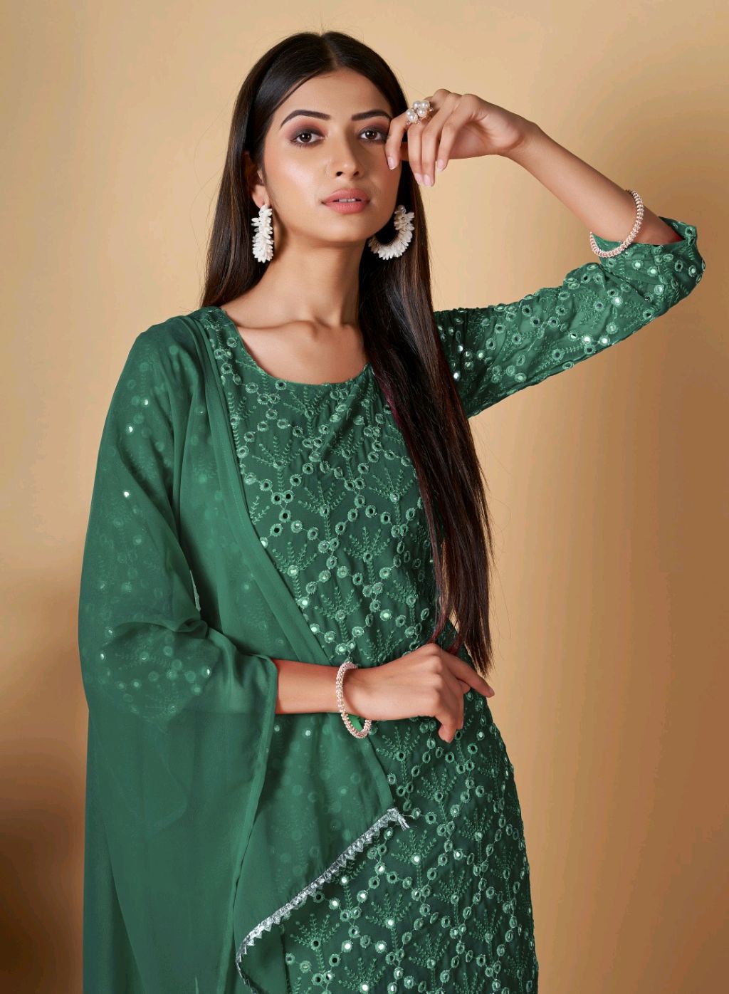 Women's Georgette Sequence Party Festival Wear Full Sleeve Latest Stitched Kurta Sharara and Duppata Set - Viridian, XL