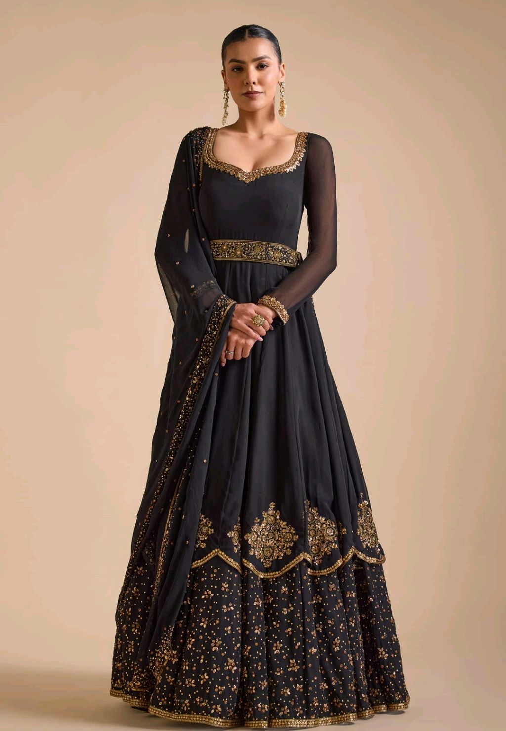 Black Georgette Embroidery Sequin Floral Embellished Layered Anarkali Set