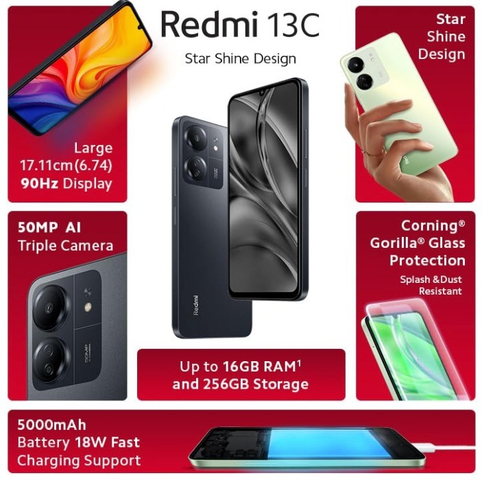 Redmi 13C (Stardust Black, 4GB RAM, 128GB Storage) | Powered by 4G Mediatek Helio G85 | 90Hz Display | 50MP AI Triple Camera