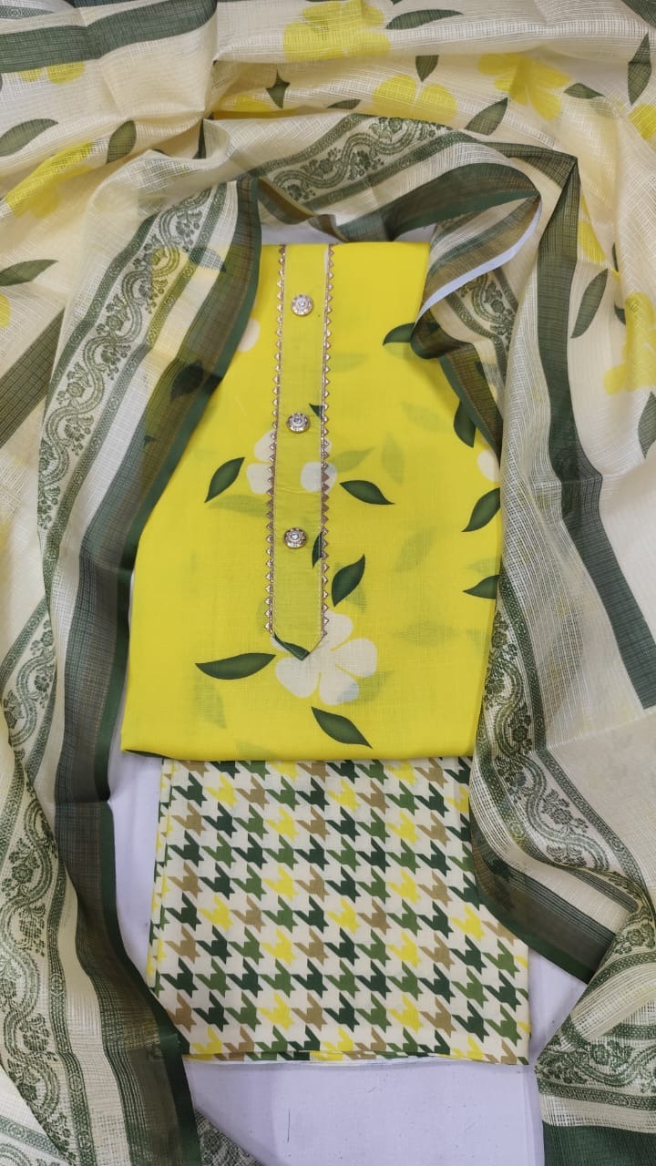 Cotton Blend Printed Suit Set with Kota Doria Dupatta For Women’s Unstitched(Top 2.5m | Bottom 2.5m | Dupatta 2.25m)