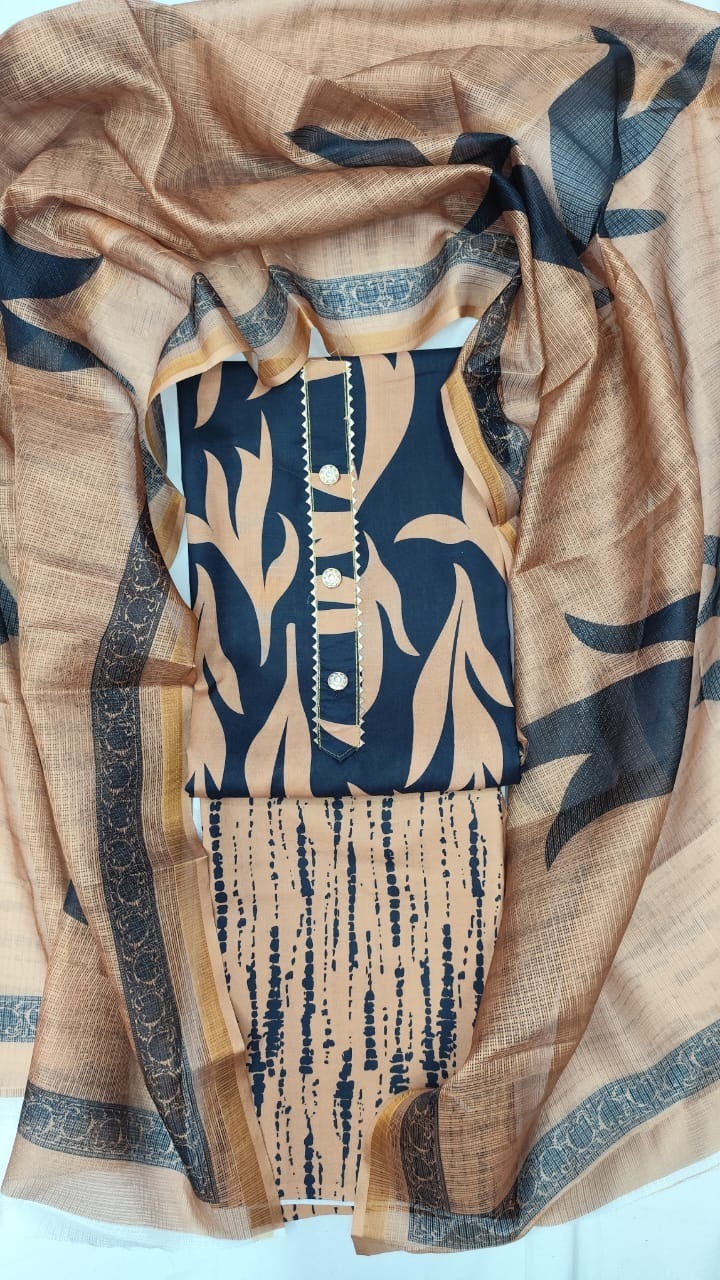 Cotton Blend Printed Suit Set with Kota Doria Dupatta For Women’s Unstitched(Top 2.5m | Bottom 2.5m | Dupatta 2.25m)