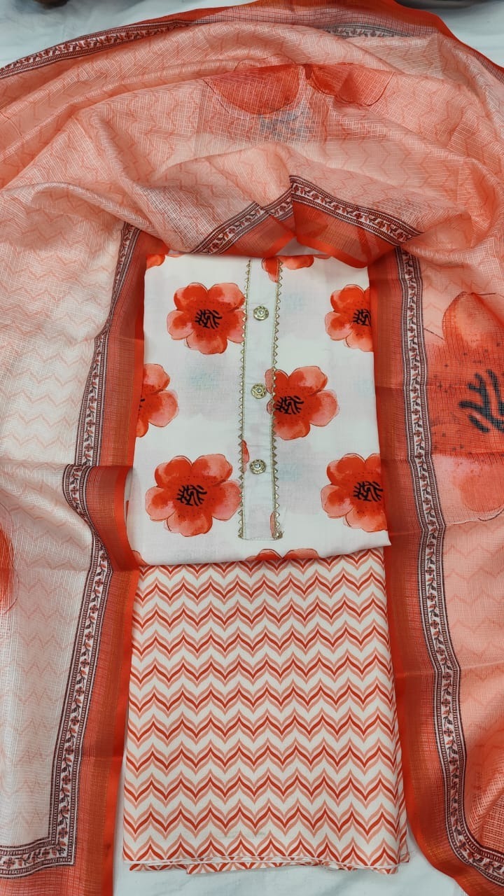 Cotton Blend Printed Suit Set with Kota Doria Dupatta For Women’s Unstitched(Top 2.5m | Bottom 2.5m | Dupatta 2.25m)