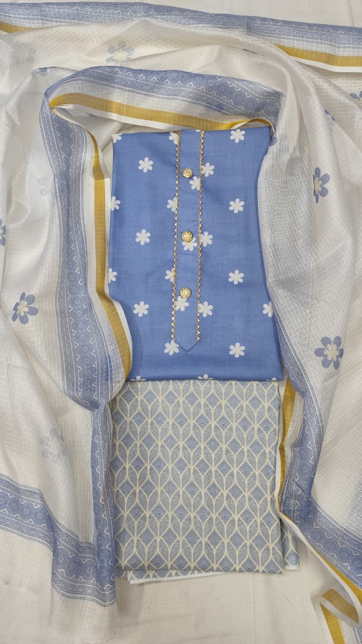 Cotton Blend Printed Suit Set with Kota Doria Dupatta For Women’s Unstitched(Top 2.5m | Bottom 2.5m | Dupatta 2.25m)