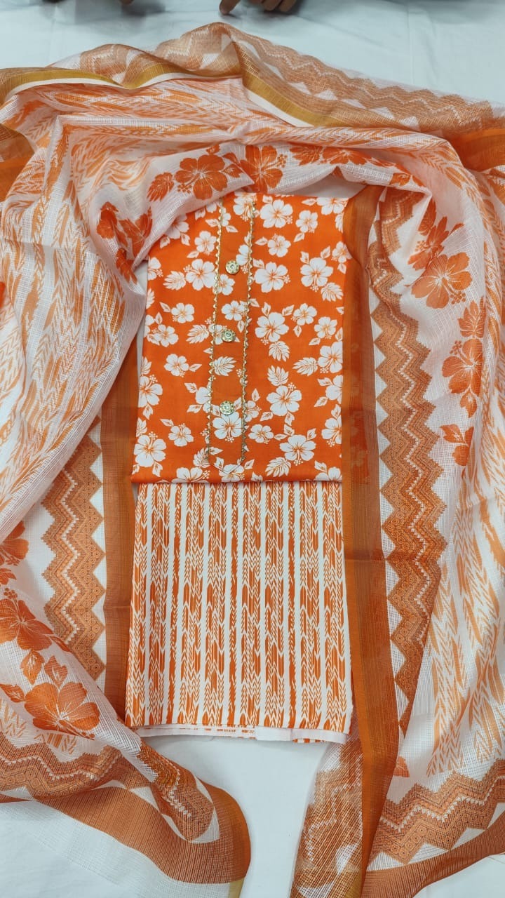 Cotton Blend Printed Suit Set with Kota Doria Dupatta For Women’s Unstitched(Top 2.5m | Bottom 2.5m | Dupatta 2.25m)