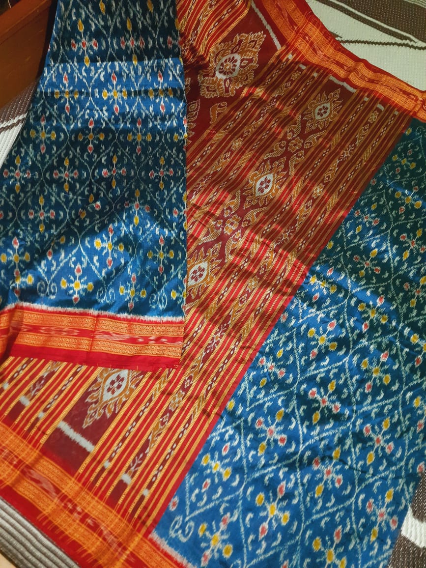 Pata Pure mulberry silk Odisha handloom pointed temple border body bandha khandua saree without blouse...Sktjuly15