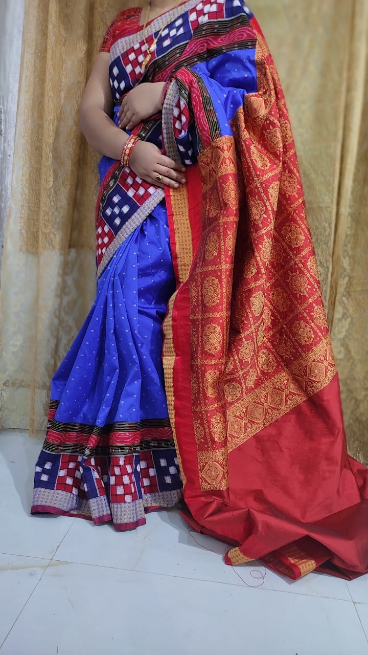 100793 Sambalpuri With Silk Patchwork Saree  - Blue