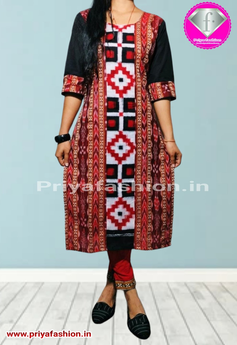 Sambalpuri designer dress in red , black ,white and orange color.