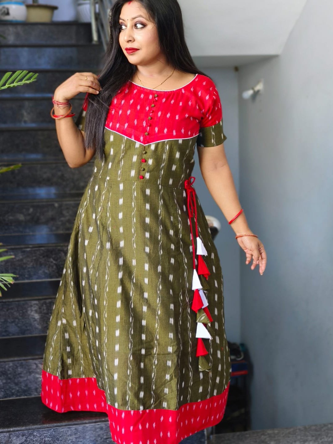 101065 Sambalpuri Handloom Round Kurti ,Anarkali  - 36 Chest