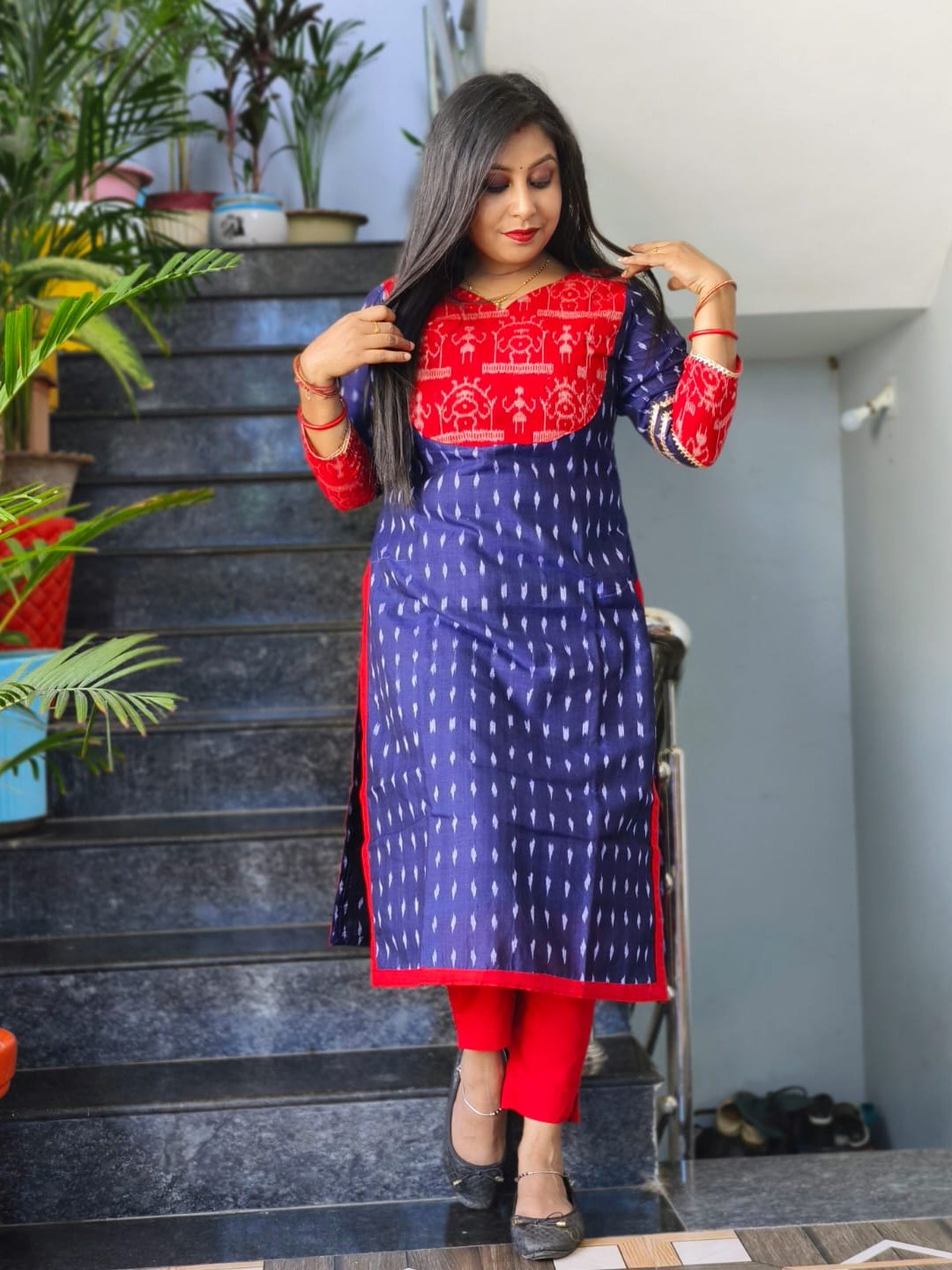 101066 Sambalpuri Handloom Kurti Blue Colour  - 34 Chest