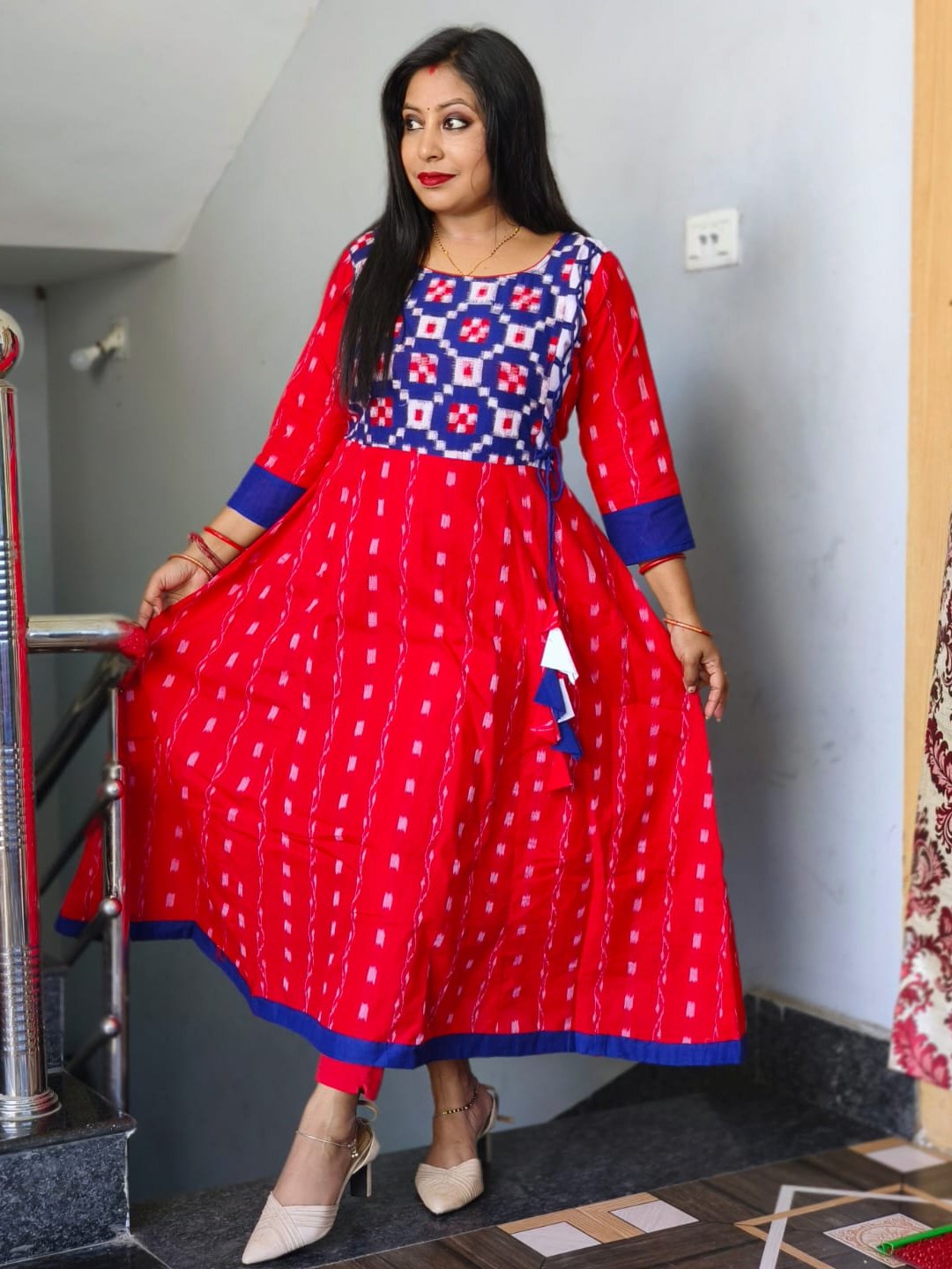 101067 Sambalpuri Handloom Round Kurti ,Anarkali  - 36 Chest