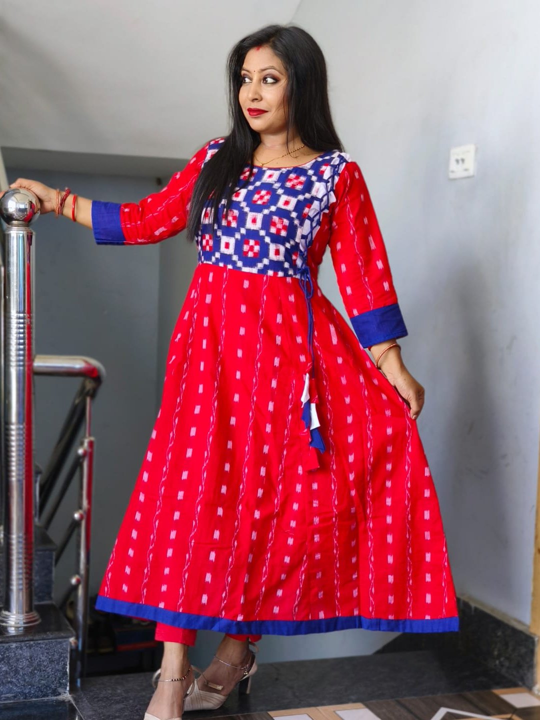 101067 Sambalpuri Handloom Round Kurti ,Anarkali  - 38 Chest