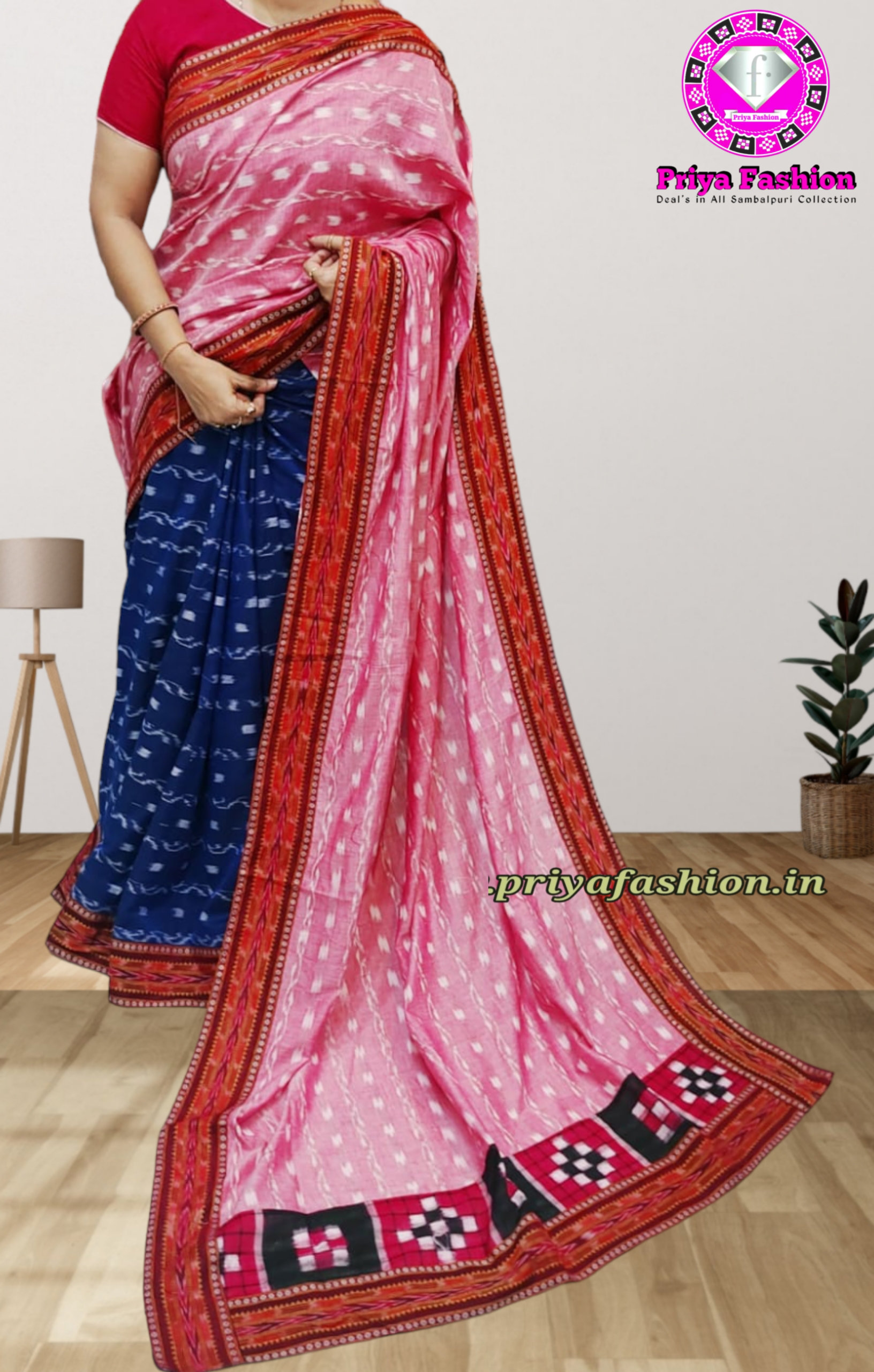 Red & Blue Sambalpuri Pure Silk Saree – Amlan Odisha