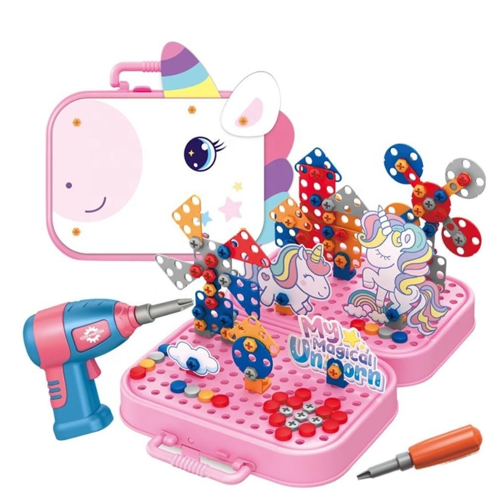 DIY Electric Drill Screw Tool Set-Mosaic Puzzle 228pcs- 3D STEM Educational kit for Kids Construction and Building Block Kit (Unicorn Design)