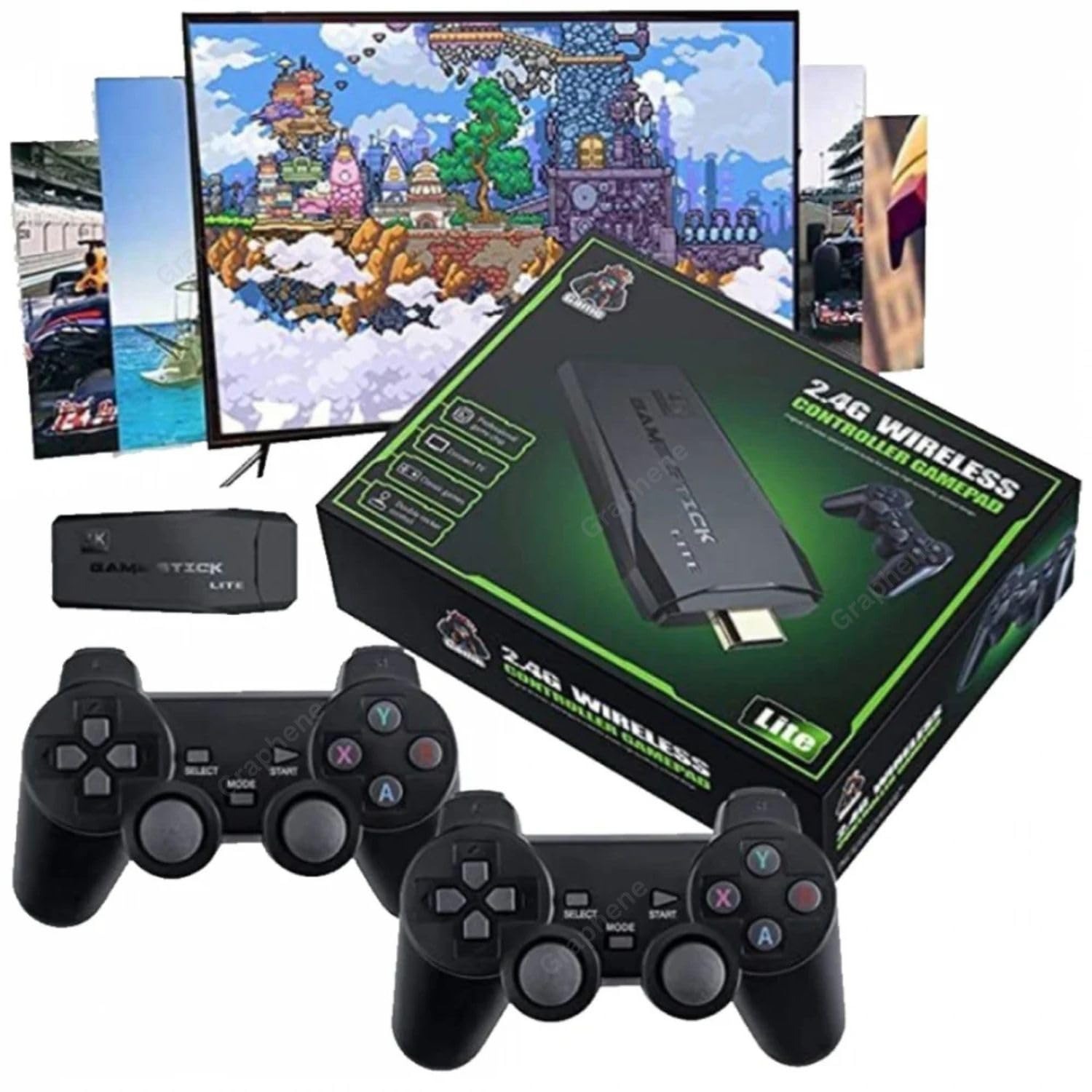 Game Stick Lite Video Game 2.4G Wireless Controllers Gamepad 64GB Memory Card Preloaded with 10000+ Games 9 Emulators Dual Retro Gaming Console Plug & Play(Pack of 1)