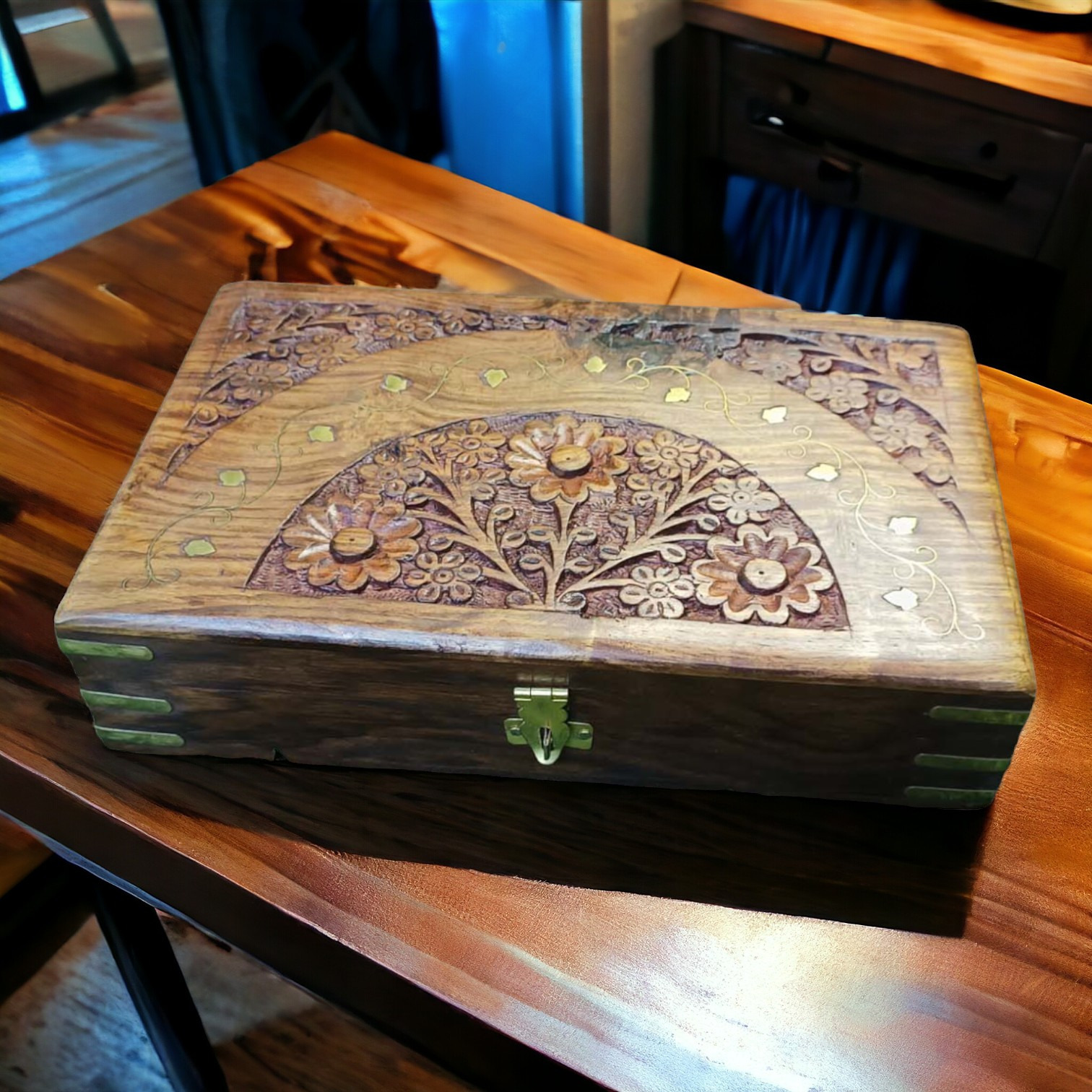 Jewellery Box With Carving And Brass Inlay
