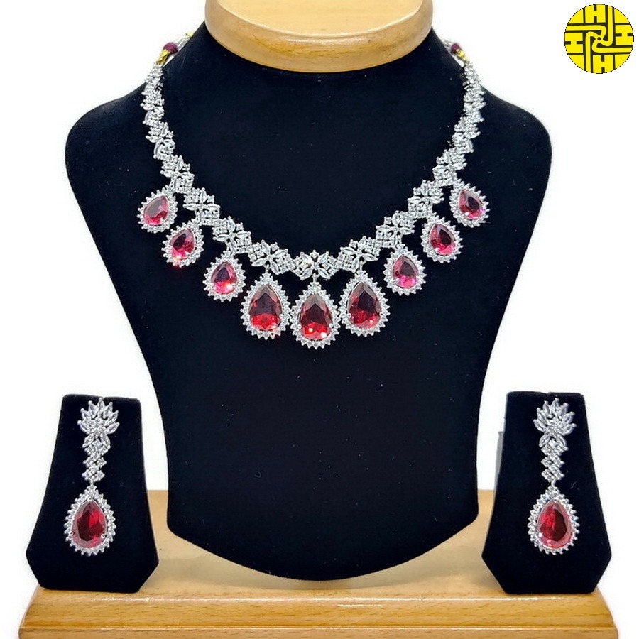 Stunning Green Cz Necklace Set With Earrings - Hnc-009c