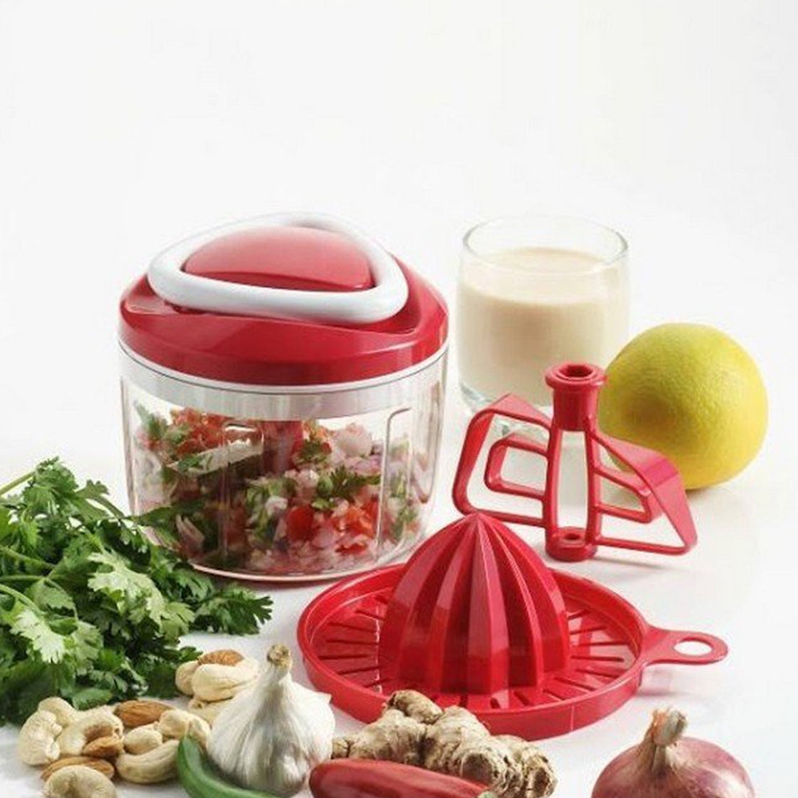 8116 GANESH EASY PULL 3-IN-1 PLASTIC CHOPPER (650ML, 125MM, RED)