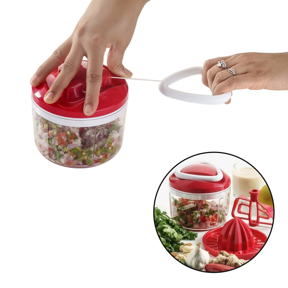 8116 GANESH EASY PULL 3-IN-1 PLASTIC CHOPPER (650ML, 125MM, RED)