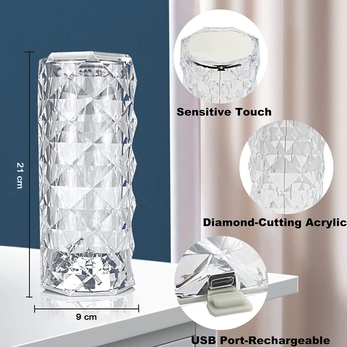 CRYSTAL TOUCH NIGHT LIGHT (16 COLORS) - ROSE DIAMOND TABLE LAMP