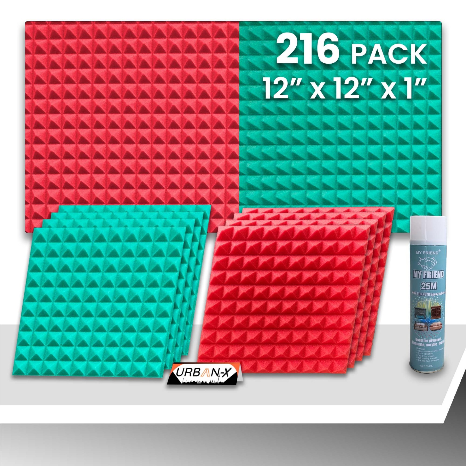 URBAN-X Pyramid Soundproofing Studio Acoustic Foam 1'x1' - 1 Inches 50D High Density, Soundproof Foam, Noise Reduction Panels, Echo Absorption
