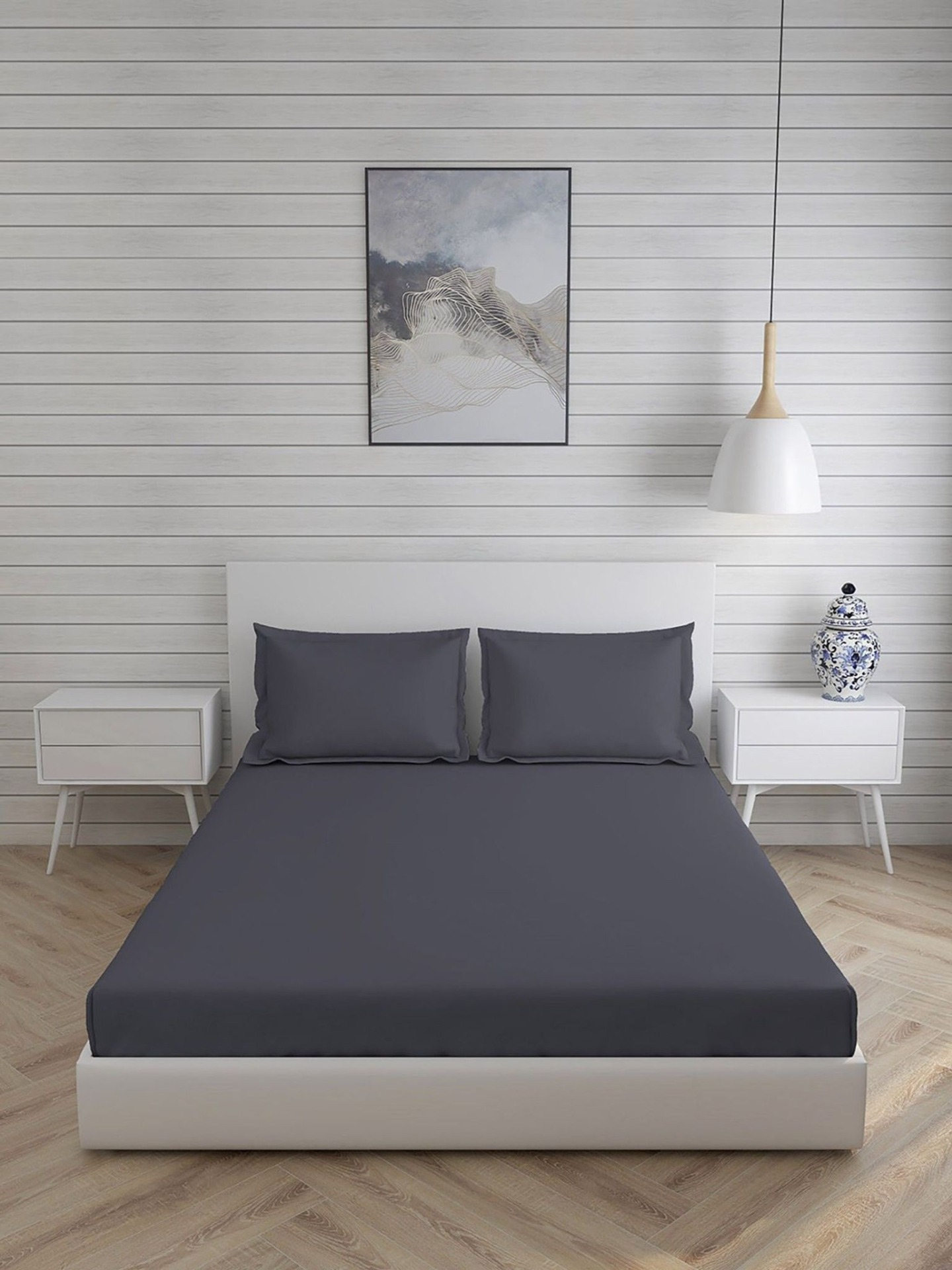 King size BedSheet Plain 400 Tc Cotton Double Bed sheet Dark Grey