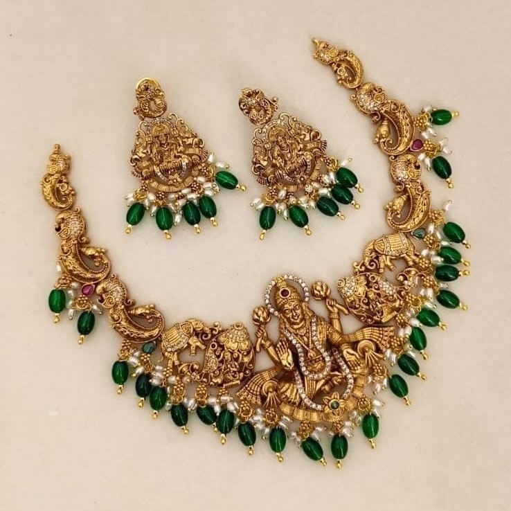 nakshi gold green beeds neck set
