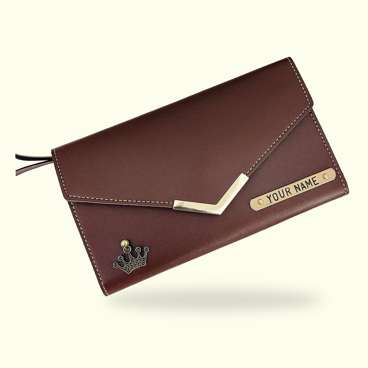 Personalized Ladies Clutch With Charm Dark Brown Color