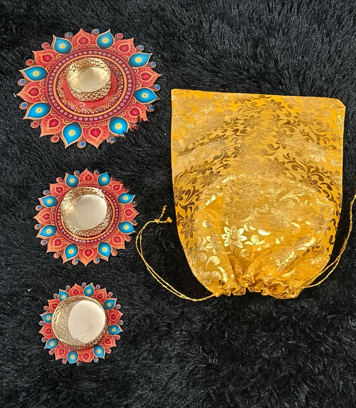 Tea light holders set of 3 in potli packing  Wax tealight included  Size 6/4/3 inches.best for budget gifting for ganesh chaturthi n diwali