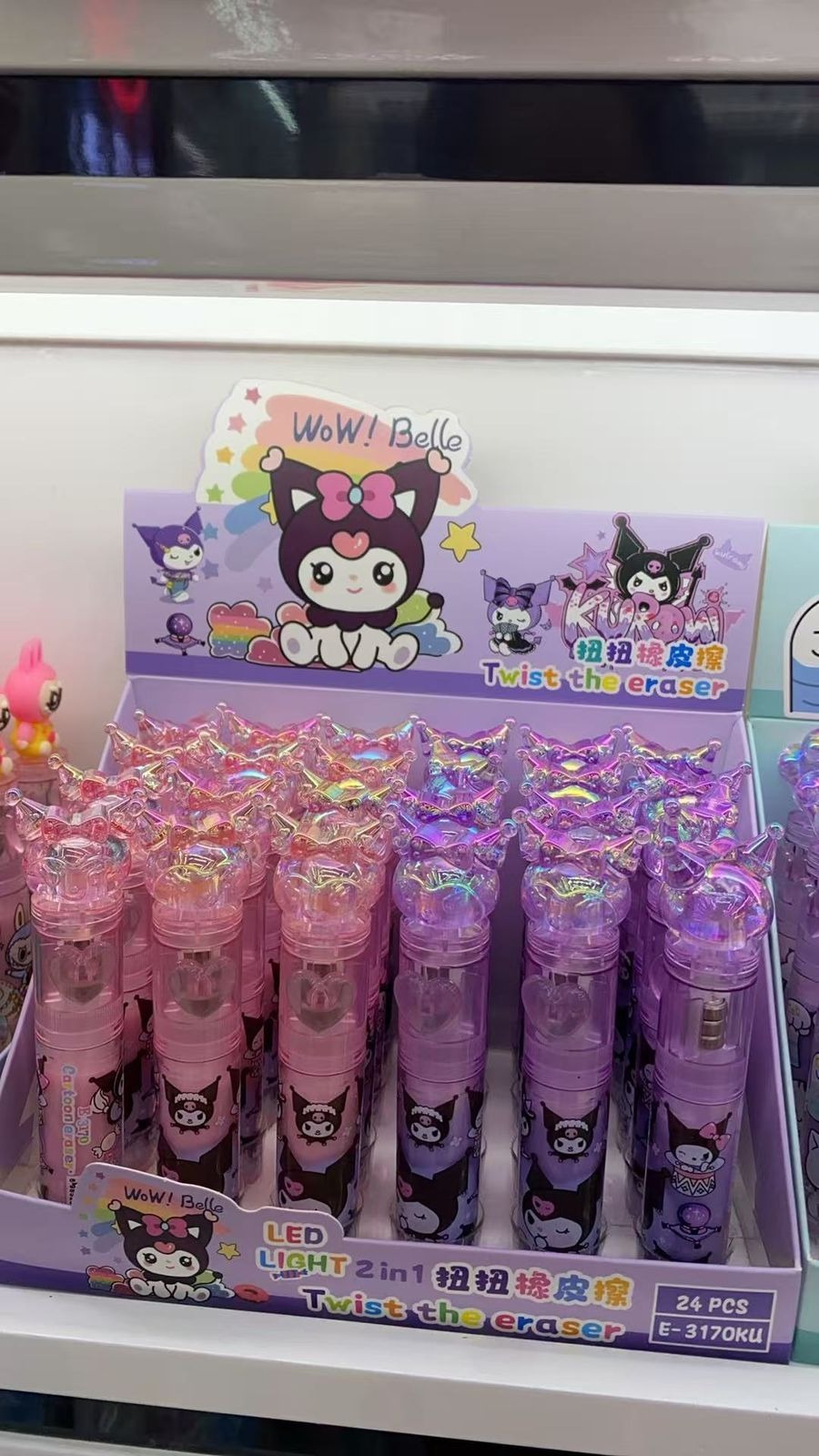 Push n twist led push eraser. Only character choice possible color random only Character available unicorn, hello kitty, kuromi, capybara and stitch