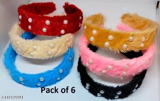 Pack of 6 good fur hairbands with pearl Color mix random only Free size