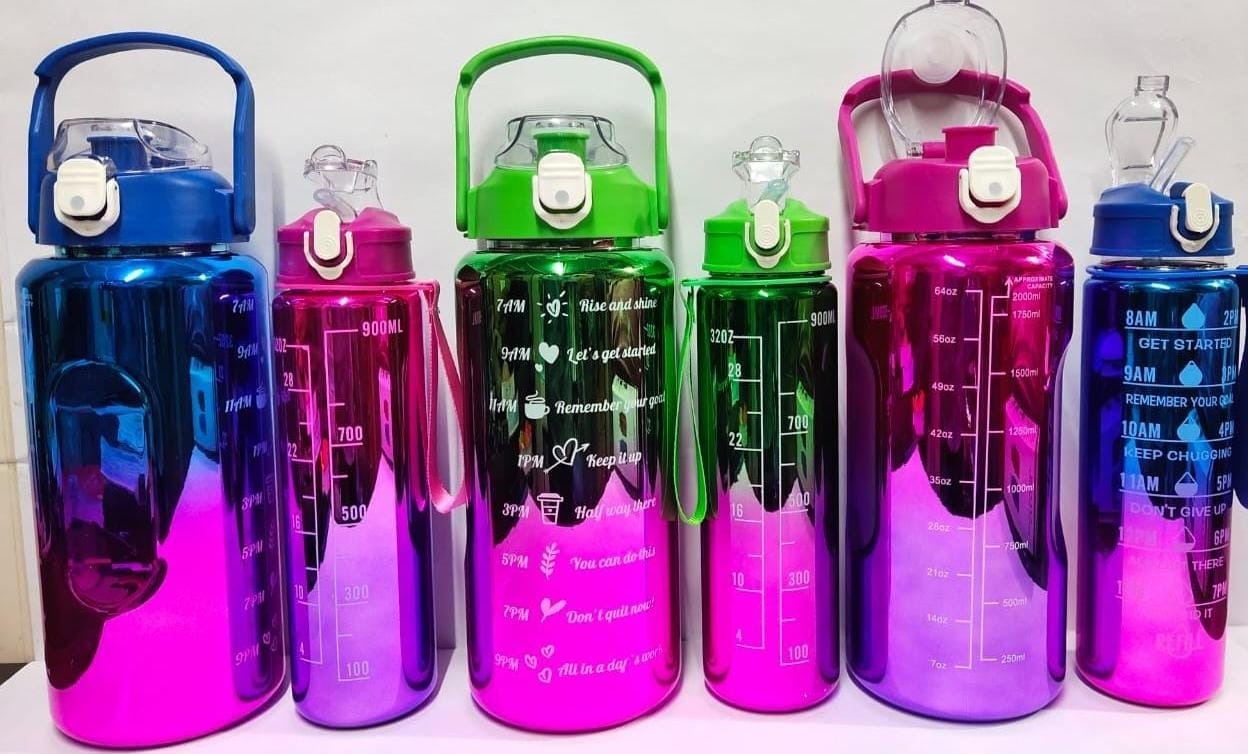 Stay hydrated bottle now available in holographic shimmer Combo of 2000 ml plus 900 ml bottles