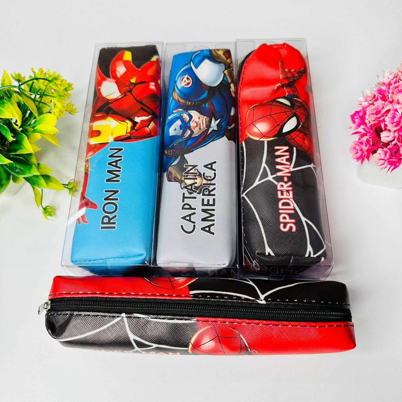 Homeoculture 1 pencil pouch ( characters available unicorn, BTS, dino, space, superhero, frozen) 1 pack smiley eraser 1 bullet pencil (random as per theme) 1 sharpner