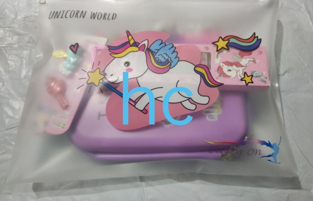 Homeoculture Unicorn pouch combo 1 A4 size pouch 1 smiggle stationery pouch 1 water glitter pen 1 stationery kit 2 erasers 1 eraser set Color random