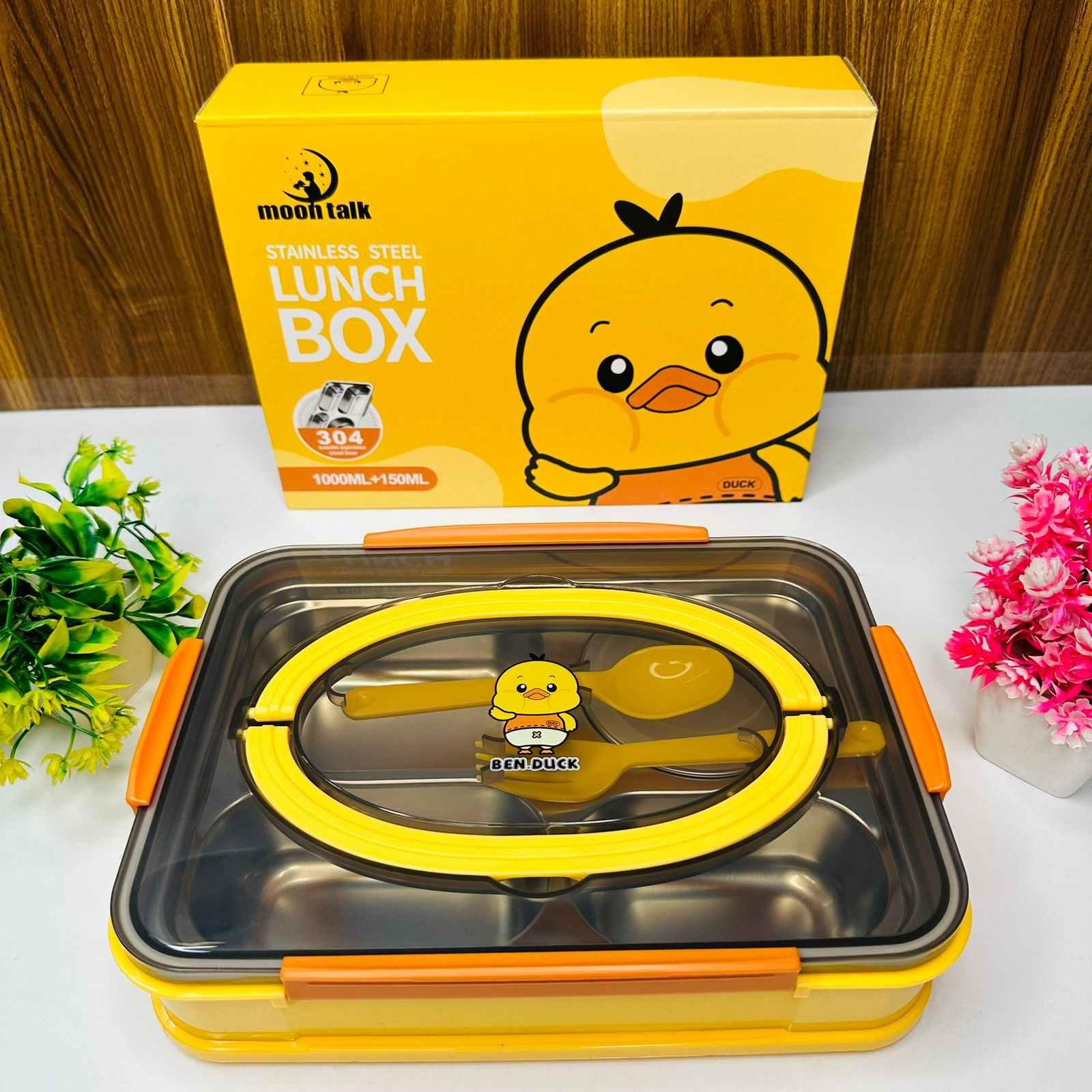 Homeoculture Stainless steel 4 section bento lunch box With leak proof round bowl Spoon and fork included  Vibrant color