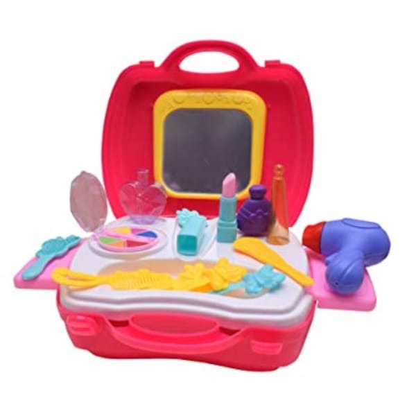 20 piece Pretend Play Make Up Case and Cosmetic Set, Durable Beauty Kit Hair Salon with Makeup Accessories for Girls