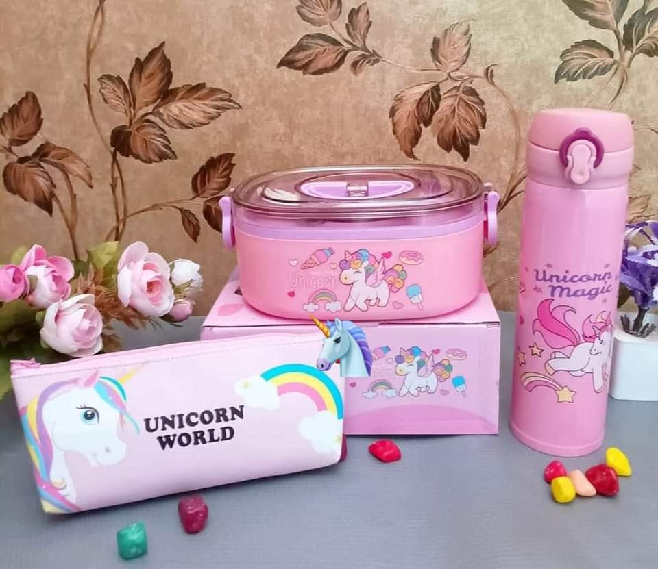 Homeoculture New back to school unicorn combo 1 steel Insulated unicorn tiffin 1 unicorn high quality pouch( random) 1 steel Insulated unicorn bottle