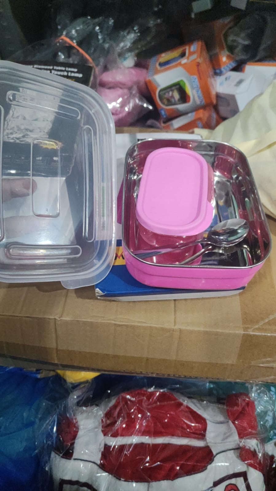 Budget steel lunch box with veg dibbi and spoon Box packing Colors mix