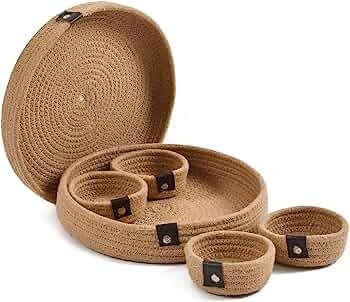 Jute Natural Handmade Rope Dry Fruit Container Tray for Your Home & Kitchen (1 Lower Tray, 4 Bowl 1 Tray Cover)