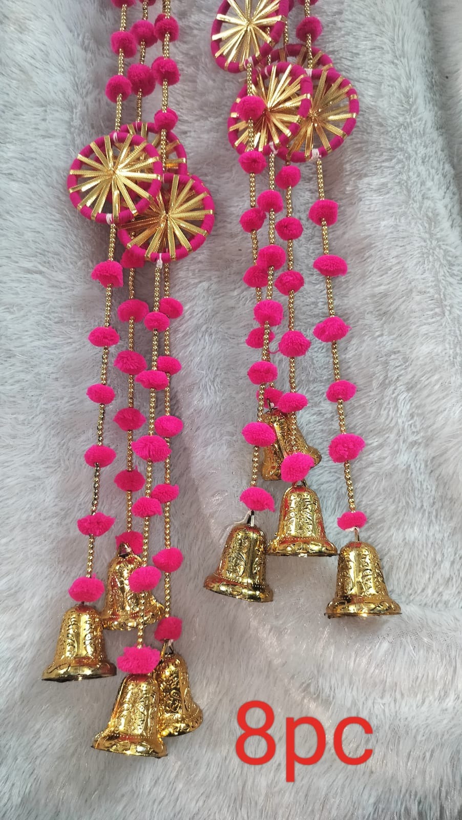 Pink chakri pompom bell hangings  8 pc available 5 feet each