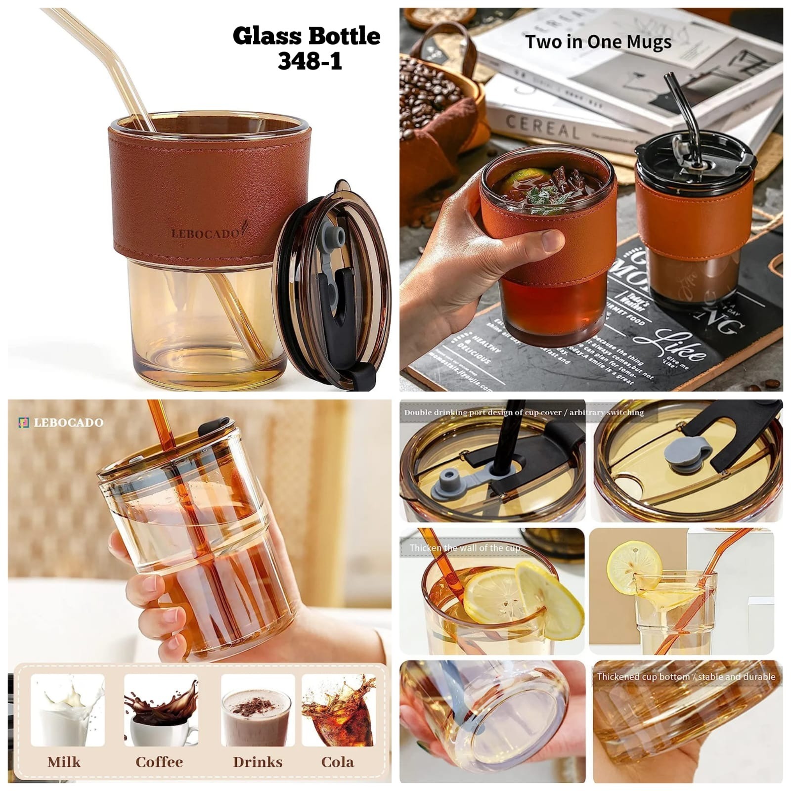 Glass sipper with leather grip cover  Spill proof Premium quality. Color random only