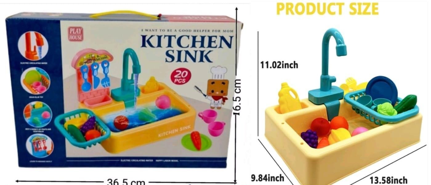 Pretend Play Kids Kitchen Sink Toys Set with Flowing Water Learning Gifts Boys Girls Simulation Dishwasher Work Tap & Drain Gifts