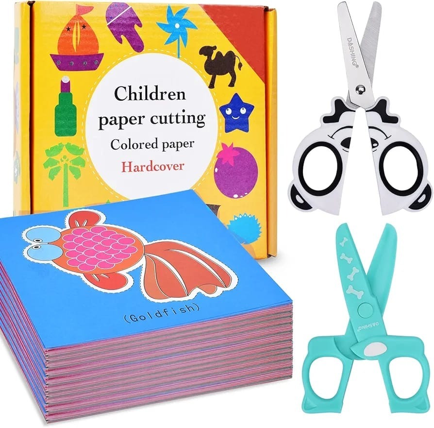Children's Paper Cut Set, Scissors Craft Set for Children, DIY Scissors Skills for Children, Early Learning Development Toy in Nursery, Children's Safety Scissors + 48 Sheets of Paper