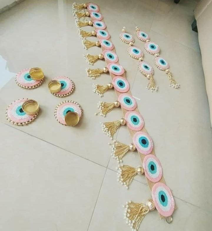 Evil eye combo of bandanwar, 2 hangings and 4 tealight holders. All real picshared Colors available pink, blue  Dispatch monday onwards