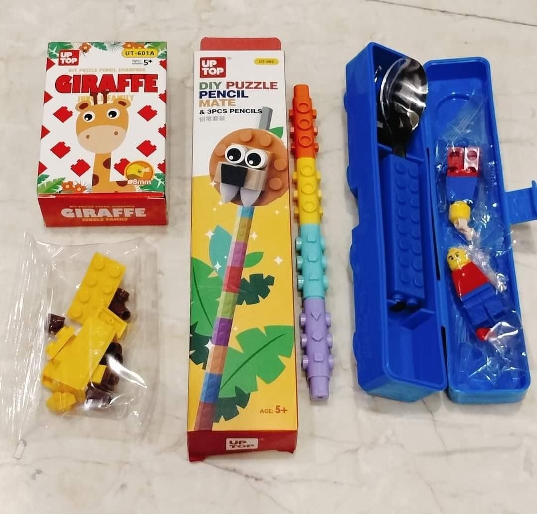 New lego combo 1 pencil, 1 pen, 1 sharpener, 1 cutlery set. Design totally random