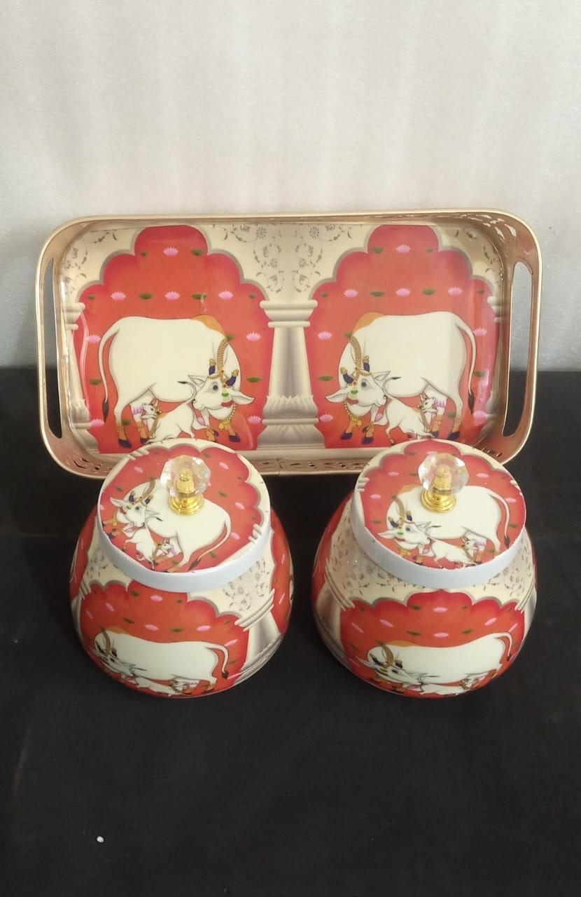 Pichwai rectangle tray set Tray size 9*4.5 inches 2 jars 4 inch each Box packing Single color