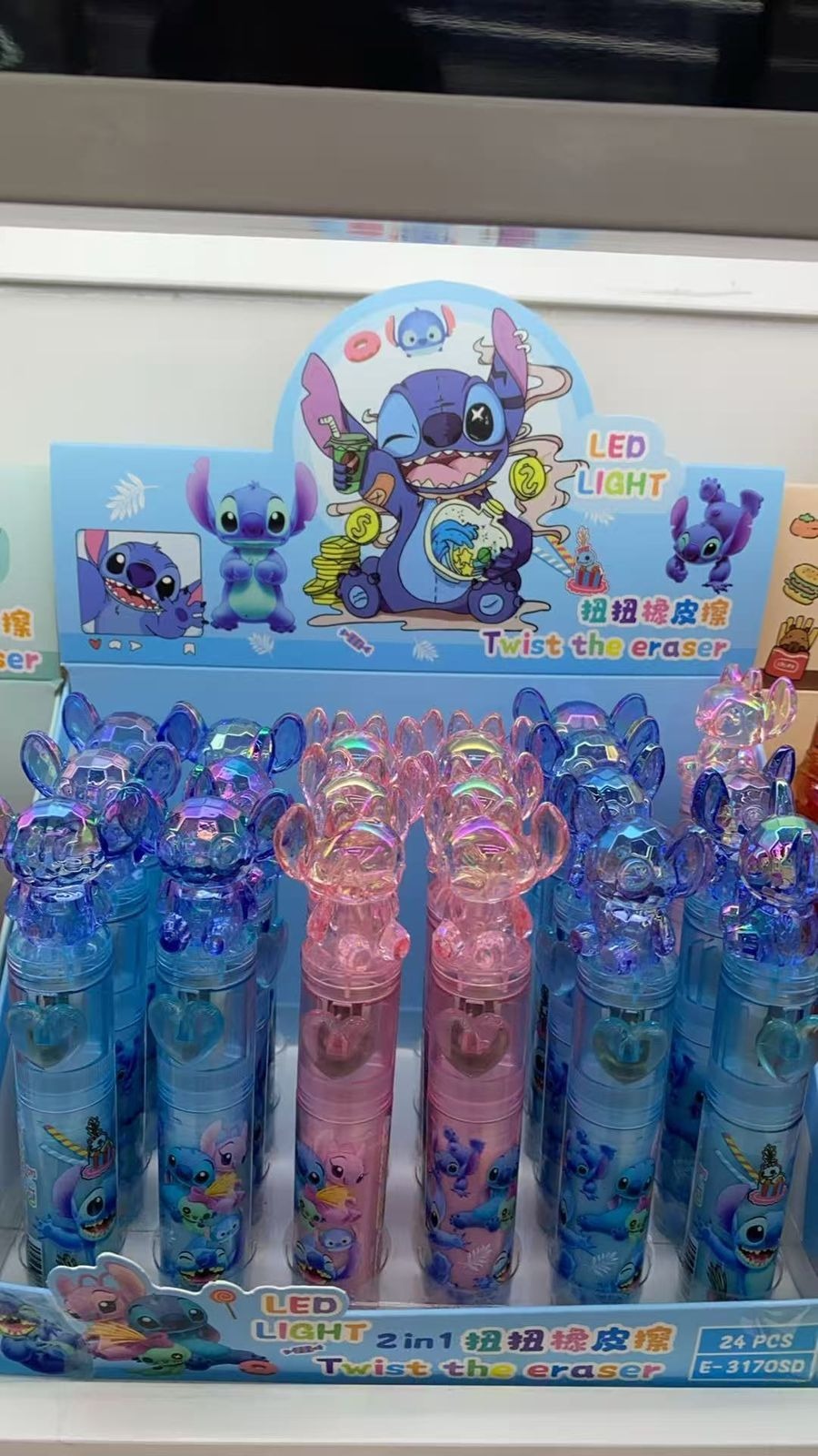 Push n twist led push eraser. Only character choice possible color random only Character available unicorn, hello kitty, kuromi, capybara and stitch